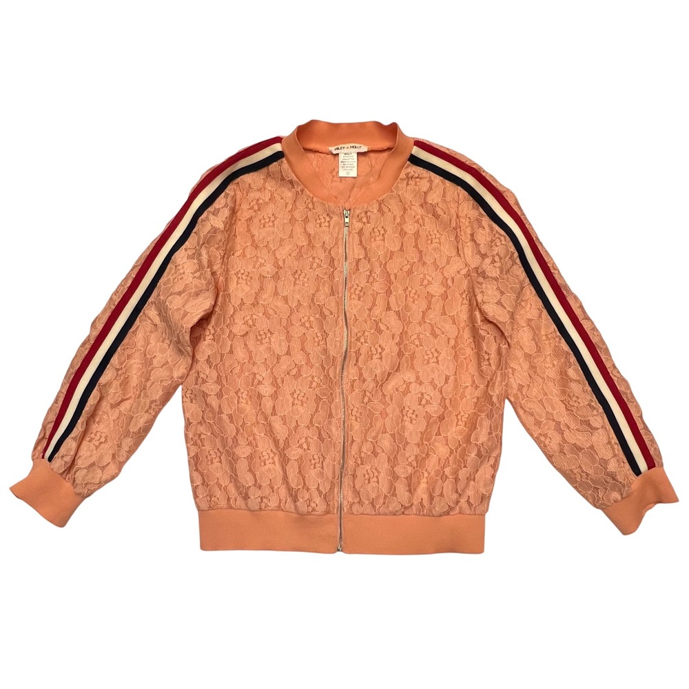Miley + Molly Peach Retro Lace Track‎ Stripe Semi Sheer Bomber Jacket Size S
